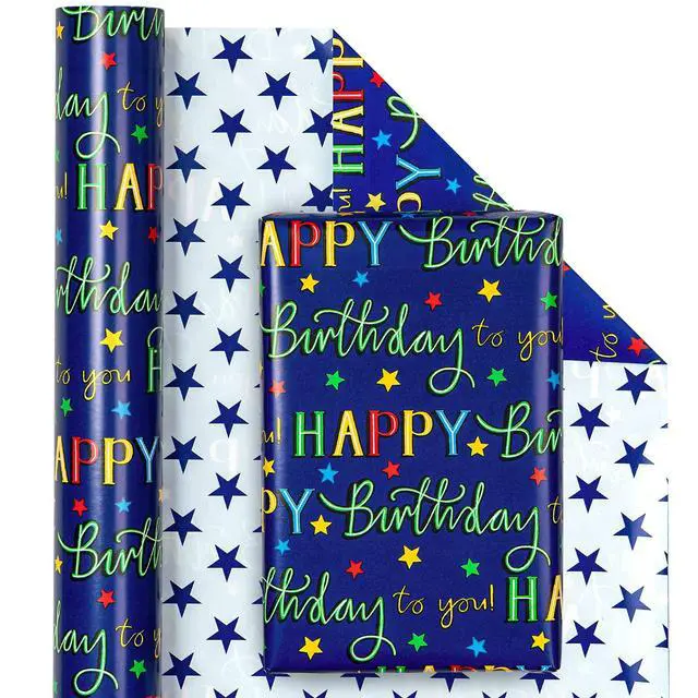 Alt view image 2 of 6 - Reversible Birthday Wrapping Paper - Mini Roll - 17 Inch X 33 Feet - Blue Star Happy Birthday Wrapping Paper for Men, Adult, Boy, Baby Shower, Holiday