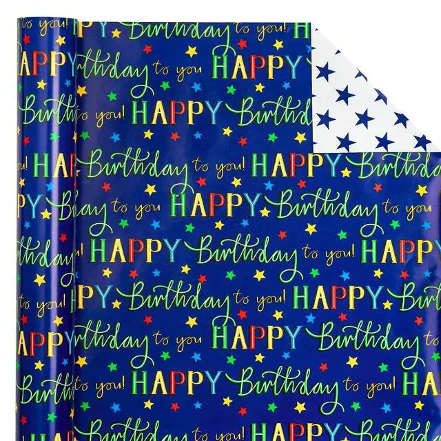 Alt view image 3 of 6 - Reversible Birthday Wrapping Paper - Mini Roll - 17 Inch X 33 Feet - Blue Star Happy Birthday Wrapping Paper for Men, Adult, Boy, Baby Shower, Holiday