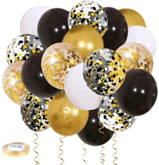Main image of Black Gold Confetti Balloons 50 pack - 12 Inch Gold White and Black Confetti Balloons with Ribbons for Graduation Birthday Wedding Party Decorations