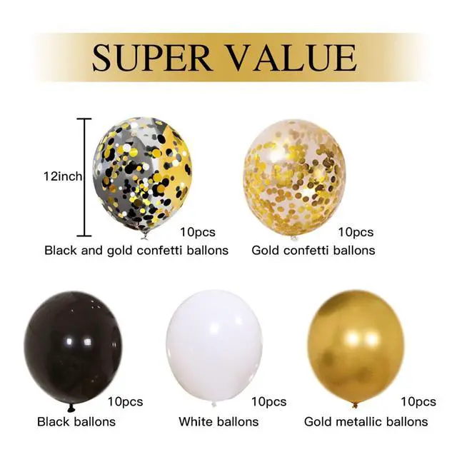 Alt view image 2 of 6 - Black Gold Confetti Balloons 50 pack - 12 Inch Gold White and Black Confetti Balloons with Ribbons for Graduation Birthday Wedding Party Decorations