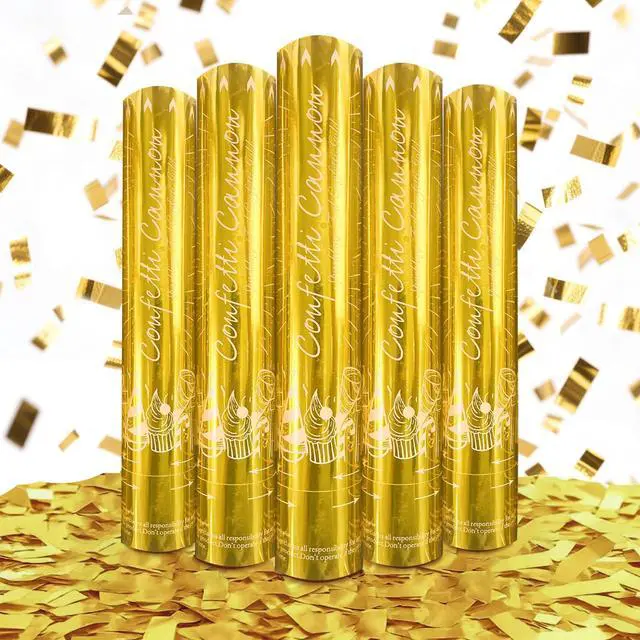 Main image of 5-Pack Gold Confetti Poppers, 12-Inch Recyclable Confetti Cannons for Weddings, Birthdays, Graduations, and Festive Gatherings.