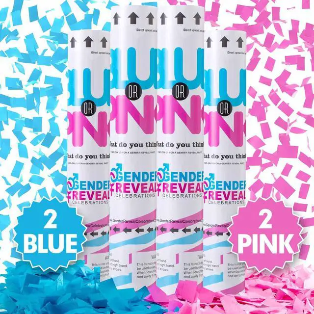 Main image of Premium Gender Reveal Confetti Cannon, Set of 4 Mixed (2 Blue 2 Pink) Gender Reveal Confetti Cannon Popper, for Gender Reveal Decorations and Baby Gender Reveal Party Supplies, Pink&blue