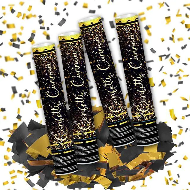 Main image of 12" Black Gold Confetti Cannon Party Poppers for Birthday Graduation Wedding Retirement New Year Celebrations - Easy to Use, Black Paper and Gold Foil Confetti - Pack of 4