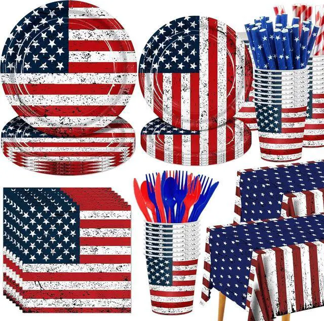 Main image of 194Pcs Vintage Patriotic Party Supplies Set- American Flag Dinnerware - 9"+7" Plates, Cutlery, Napkins, Cups & 2 USA Flag Tablecloths-Patriotic Decoration for 4th of July, Birthday, Memorial Day BBQs