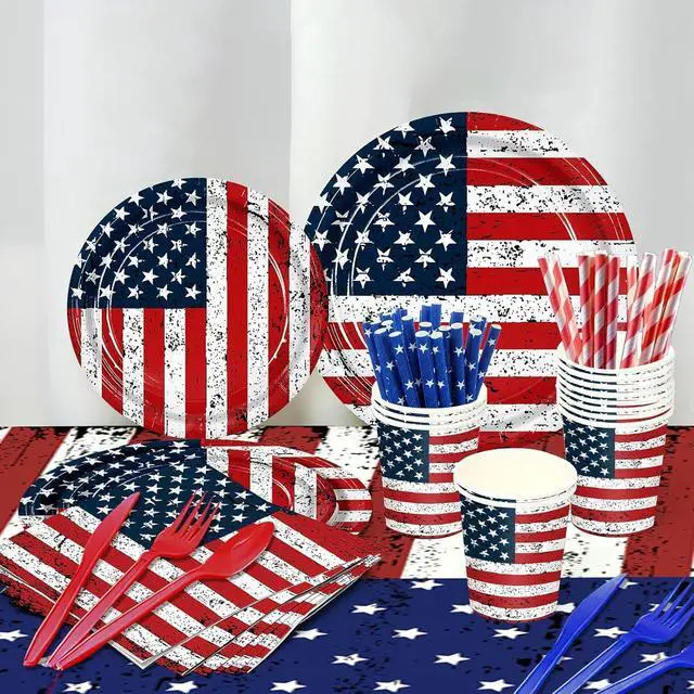 Alt view image 2 of 7 - 194Pcs Vintage Patriotic Party Supplies Set- American Flag Dinnerware - 9"+7" Plates, Cutlery, Napkins, Cups & 2 USA Flag Tablecloths-Patriotic Decoration for 4th of July, Birthday, Memorial Day BBQs
