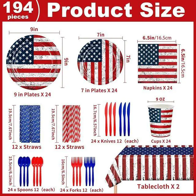 Alt view image 3 of 7 - 194Pcs Vintage Patriotic Party Supplies Set- American Flag Dinnerware - 9"+7" Plates, Cutlery, Napkins, Cups & 2 USA Flag Tablecloths-Patriotic Decoration for 4th of July, Birthday, Memorial Day BBQs