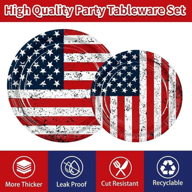 Alt view image 4 of 7 - 194Pcs Vintage Patriotic Party Supplies Set- American Flag Dinnerware - 9"+7" Plates, Cutlery, Napkins, Cups & 2 USA Flag Tablecloths-Patriotic Decoration for 4th of July, Birthday, Memorial Day BBQs