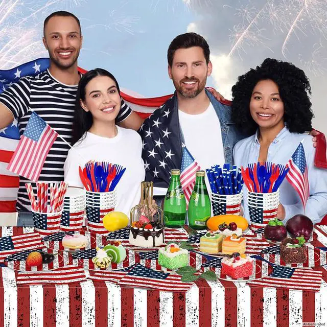 Alt view image 6 of 7 - 194Pcs Vintage Patriotic Party Supplies Set- American Flag Dinnerware - 9"+7" Plates, Cutlery, Napkins, Cups & 2 USA Flag Tablecloths-Patriotic Decoration for 4th of July, Birthday, Memorial Day BBQs