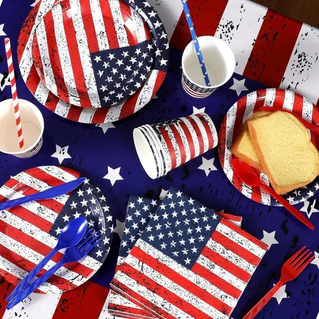 Alt view image 7 of 7 - 194Pcs Vintage Patriotic Party Supplies Set- American Flag Dinnerware - 9"+7" Plates, Cutlery, Napkins, Cups & 2 USA Flag Tablecloths-Patriotic Decoration for 4th of July, Birthday, Memorial Day BBQs