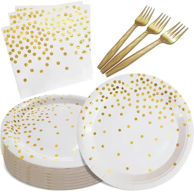 Main image of White and Gold Paper Plates Napkins Party Supplies,Disposable Gold Dot Paper Dessert Plates,105 PCS Birthday Plates and Napkins Party Supplies for Wedding(Serves 35 Guests 7")