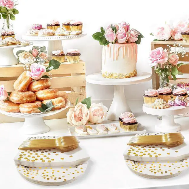 Alt view image 2 of 4 - White and Gold Paper Plates Napkins Party Supplies,Disposable Gold Dot Paper Dessert Plates,105 PCS Birthday Plates and Napkins Party Supplies for Wedding(Serves 35 Guests 7")