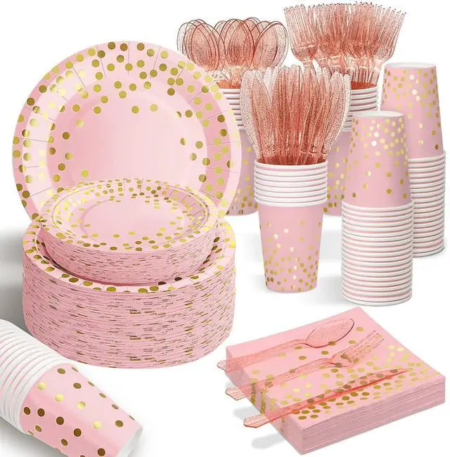 Main image of 175PCS Pink Rose Gold Party Supplies, Heavy Duty Disposable Dinnerware Set Serves 25, Paper Plates Plastic Forks Knives Spoons Cutlery for Birthday, Baby Shower, Bridal Wedding Decoration