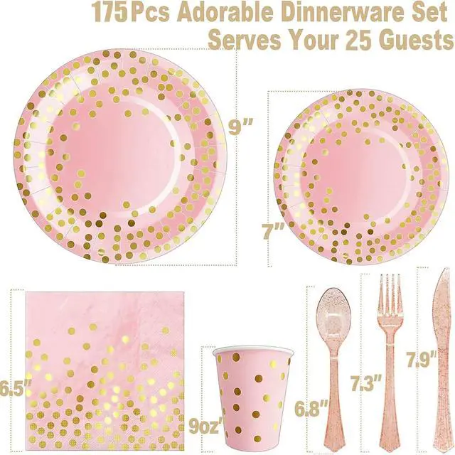 Alt view image 2 of 6 - 175PCS Pink Rose Gold Party Supplies, Heavy Duty Disposable Dinnerware Set Serves 25, Paper Plates Plastic Forks Knives Spoons Cutlery for Birthday, Baby Shower, Bridal Wedding Decoration