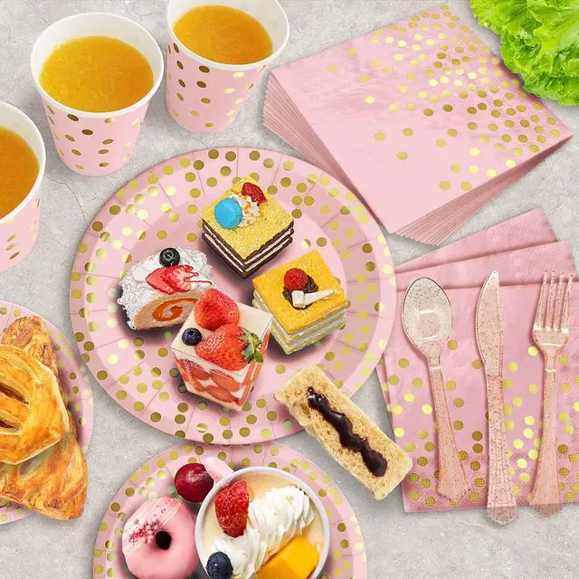 Alt view image 4 of 6 - 175PCS Pink Rose Gold Party Supplies, Heavy Duty Disposable Dinnerware Set Serves 25, Paper Plates Plastic Forks Knives Spoons Cutlery for Birthday, Baby Shower, Bridal Wedding Decoration