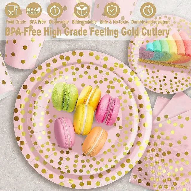Alt view image 3 of 6 - 175PCS Pink Rose Gold Party Supplies, Heavy Duty Disposable Dinnerware Set Serves 25, Paper Plates Plastic Forks Knives Spoons Cutlery for Birthday, Baby Shower, Bridal Wedding Decoration