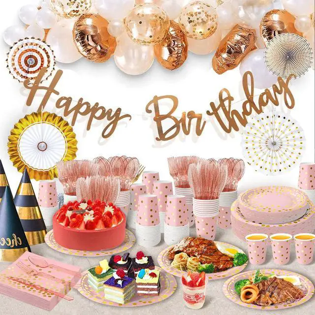 Alt view image 5 of 6 - 175PCS Pink Rose Gold Party Supplies, Heavy Duty Disposable Dinnerware Set Serves 25, Paper Plates Plastic Forks Knives Spoons Cutlery for Birthday, Baby Shower, Bridal Wedding Decoration