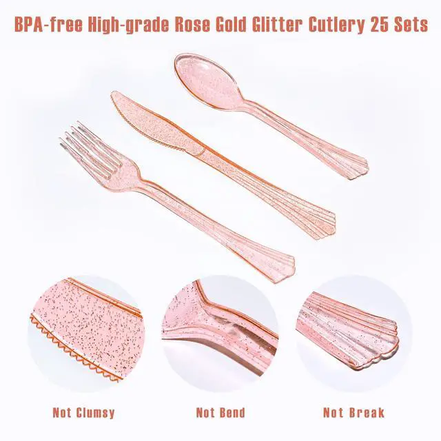 Alt view image 6 of 6 - 175PCS Pink Rose Gold Party Supplies, Heavy Duty Disposable Dinnerware Set Serves 25, Paper Plates Plastic Forks Knives Spoons Cutlery for Birthday, Baby Shower, Bridal Wedding Decoration