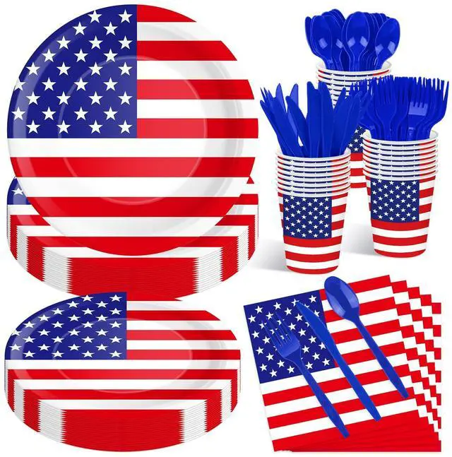 Main image of 175 Pcs USA Flag Tableware Set - Serves 25, Patriotic American Flag Disposable Plates, Cups, Napkins, Forks, Spoons, Knives for 4th of July, Memorial Day, Veterans Day, Independence Day Party Supplies