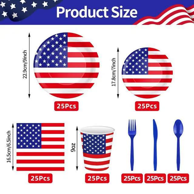 Alt view image 2 of 7 - 175 Pcs USA Flag Tableware Set - Serves 25, Patriotic American Flag Disposable Plates, Cups, Napkins, Forks, Spoons, Knives for 4th of July, Memorial Day, Veterans Day, Independence Day Party Supplies