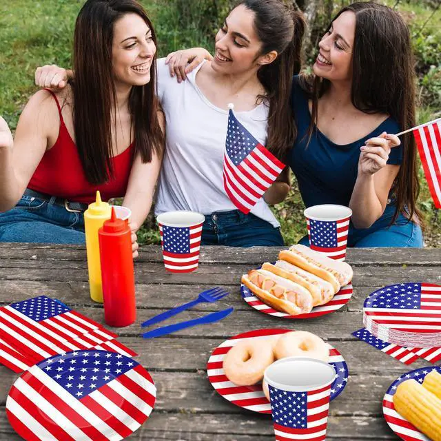 Alt view image 5 of 7 - 175 Pcs USA Flag Tableware Set - Serves 25, Patriotic American Flag Disposable Plates, Cups, Napkins, Forks, Spoons, Knives for 4th of July, Memorial Day, Veterans Day, Independence Day Party Supplies