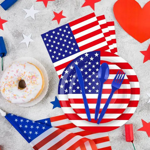 Alt view image 4 of 7 - 175 Pcs USA Flag Tableware Set - Serves 25, Patriotic American Flag Disposable Plates, Cups, Napkins, Forks, Spoons, Knives for 4th of July, Memorial Day, Veterans Day, Independence Day Party Supplies