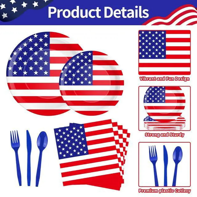 Alt view image 3 of 7 - 175 Pcs USA Flag Tableware Set - Serves 25, Patriotic American Flag Disposable Plates, Cups, Napkins, Forks, Spoons, Knives for 4th of July, Memorial Day, Veterans Day, Independence Day Party Supplies