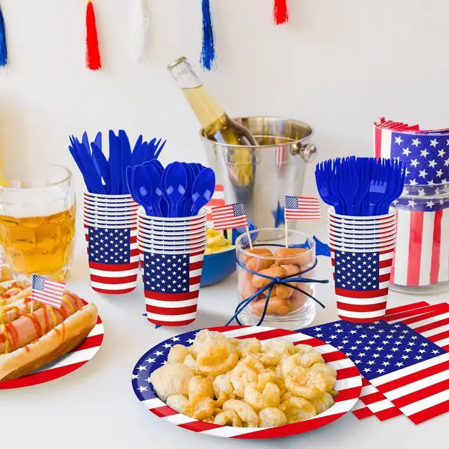 Alt view image 6 of 7 - 175 Pcs USA Flag Tableware Set - Serves 25, Patriotic American Flag Disposable Plates, Cups, Napkins, Forks, Spoons, Knives for 4th of July, Memorial Day, Veterans Day, Independence Day Party Supplies