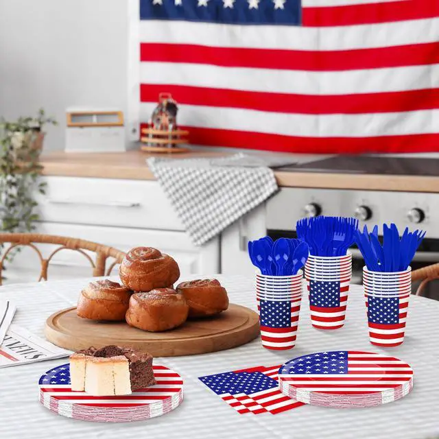 Alt view image 7 of 7 - 175 Pcs USA Flag Tableware Set - Serves 25, Patriotic American Flag Disposable Plates, Cups, Napkins, Forks, Spoons, Knives for 4th of July, Memorial Day, Veterans Day, Independence Day Party Supplies