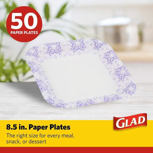 Alt view image 2 of 7 - Square Heavy Duty Paper Plates, Soak Proof and Cut Proof Disposable Plates for Parties and Everyday Meals, Microwaveable for Easy Serving, Purple Victorian Pattern, 8.5 Inch, 50 Count