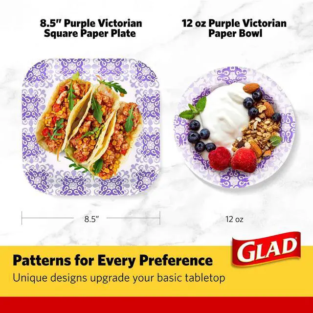 Alt view image 6 of 7 - Round Disposable Paper Bowls, Purple Victorian Design - Heavy Duty, Soak-Proof, Cut-Resistant, Microwavable Paper Bowls for All Foods and Daily Use, 12 oz, 20 Count