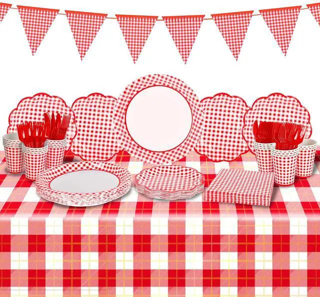 Main image of Gingham Red and White Party Supplies Disposable Paper Plates Napkins Cups Knives Spoons Forks Tablecloth Banner for Birthday Party Family Dinner Picnic Barbecue Mother's Day Party, Serve 25