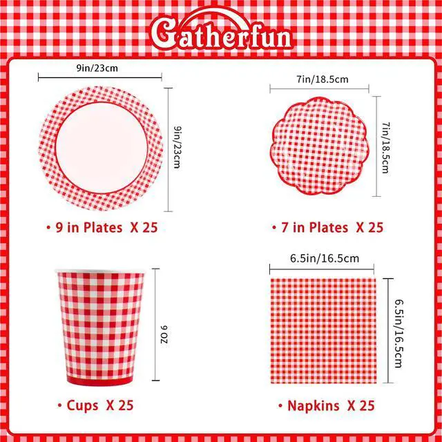 Alt view image 3 of 7 - Gingham Red and White Party Supplies Disposable Paper Plates Napkins Cups Knives Spoons Forks Tablecloth Banner for Birthday Party Family Dinner Picnic Barbecue Mother's Day Party, Serve 25