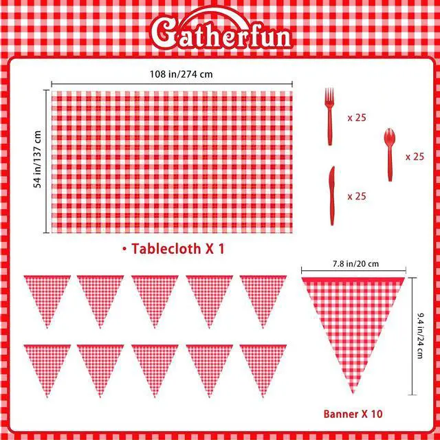 Alt view image 2 of 7 - Gingham Red and White Party Supplies Disposable Paper Plates Napkins Cups Knives Spoons Forks Tablecloth Banner for Birthday Party Family Dinner Picnic Barbecue Mother's Day Party, Serve 25