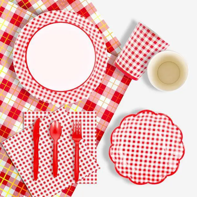 Alt view image 4 of 7 - Gingham Red and White Party Supplies Disposable Paper Plates Napkins Cups Knives Spoons Forks Tablecloth Banner for Birthday Party Family Dinner Picnic Barbecue Mother's Day Party, Serve 25