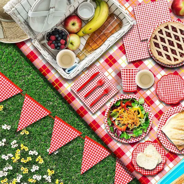 Alt view image 5 of 7 - Gingham Red and White Party Supplies Disposable Paper Plates Napkins Cups Knives Spoons Forks Tablecloth Banner for Birthday Party Family Dinner Picnic Barbecue Mother's Day Party, Serve 25