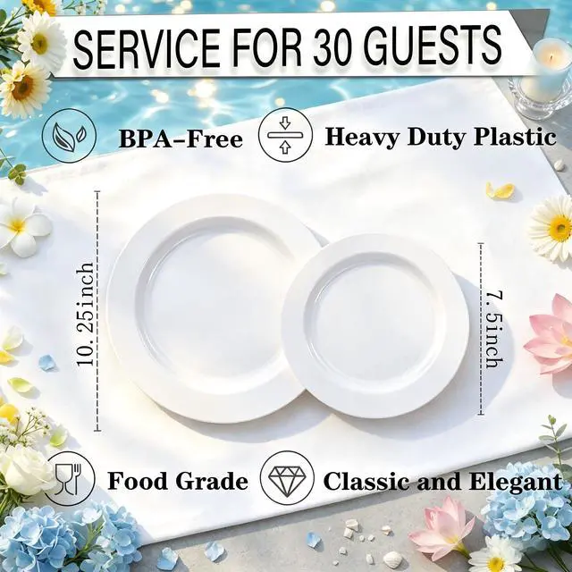 Alt view image 2 of 7 - 60PCS White Plastic Plates - Heavy Duty White Disposable Plates for 4th of July/Birthday Party/Wedding -serve for 30 guests Include 30PCS 10.25" & 30PCS 7.5" Plates for Summer Party