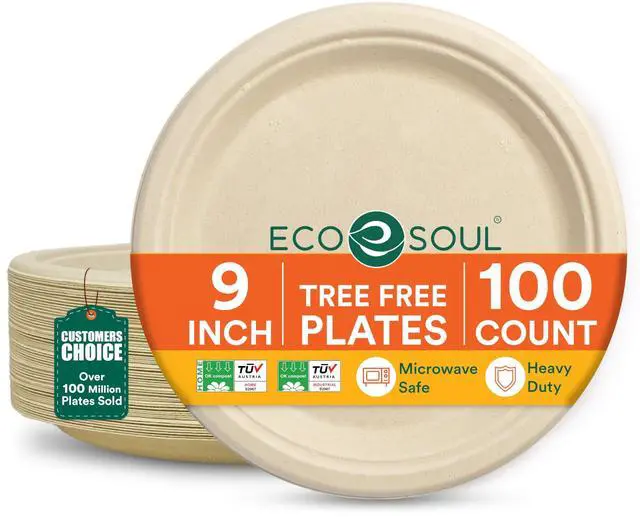 Main image of Compostable Paper Plates 9 Inch, 100 Pack Heavy Duty Disposable Dinner Paper Plates, Natural Bagasse, Leak-Resistant, Microwave Safe, Eco-Friendly Round Plates for Parties & Catering