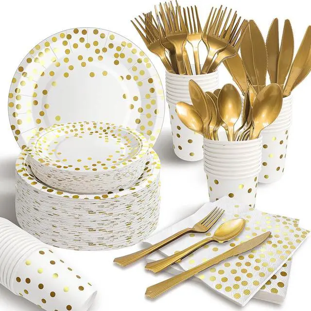 Main image of 175PCS White and Gold Party Supplies, Heavy Duty Disposable Dinnerware Set Serves 25, Paper Plates Plastic Forks Knives Spoons for Birthday,Graduation, Bridal Shower Decoration