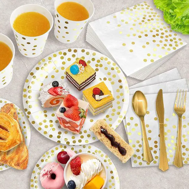 Alt view image 4 of 6 - 175PCS White and Gold Party Supplies, Heavy Duty Disposable Dinnerware Set Serves 25, Paper Plates Plastic Forks Knives Spoons for Birthday,Graduation, Bridal Shower Decoration