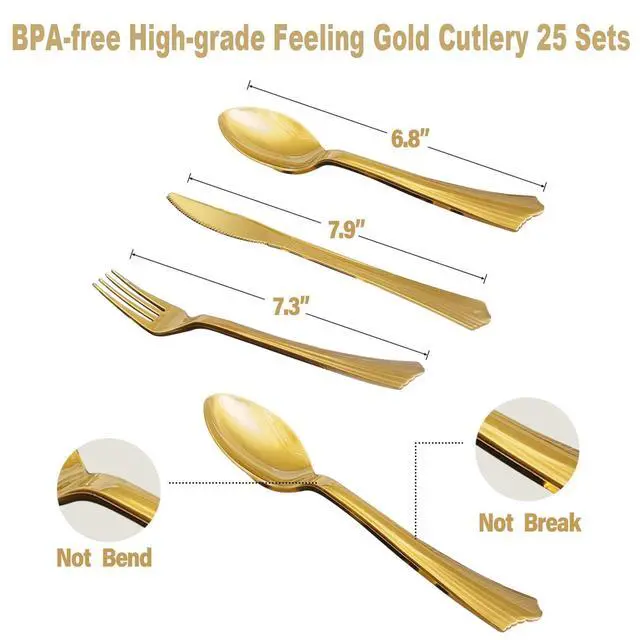 Alt view image 6 of 6 - 175PCS White and Gold Party Supplies, Heavy Duty Disposable Dinnerware Set Serves 25, Paper Plates Plastic Forks Knives Spoons for Birthday,Graduation, Bridal Shower Decoration