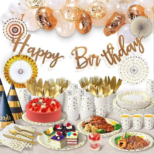 Alt view image 5 of 6 - 175PCS White and Gold Party Supplies, Heavy Duty Disposable Dinnerware Set Serves 25, Paper Plates Plastic Forks Knives Spoons for Birthday,Graduation, Bridal Shower Decoration