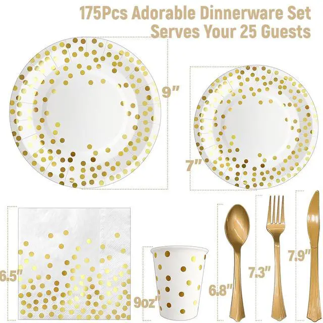 Alt view image 2 of 6 - 175PCS White and Gold Party Supplies, Heavy Duty Disposable Dinnerware Set Serves 25, Paper Plates Plastic Forks Knives Spoons for Birthday,Graduation, Bridal Shower Decoration