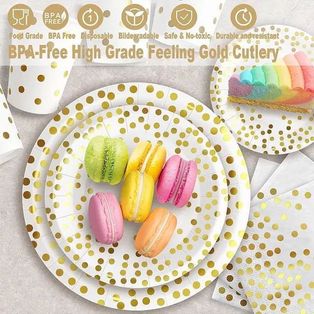 Alt view image 3 of 6 - 175PCS White and Gold Party Supplies, Heavy Duty Disposable Dinnerware Set Serves 25, Paper Plates Plastic Forks Knives Spoons for Birthday,Graduation, Bridal Shower Decoration