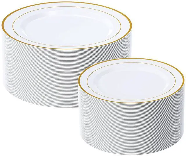 Main image of Gold Plastic Plates Set of 60, Disposable Plates with Gold Rim 30 Dinner Plates 10" and 30 Salad Dessert Appetizer Plate 7", Elegant Fancy Heavy Duty Wedding Party Plates