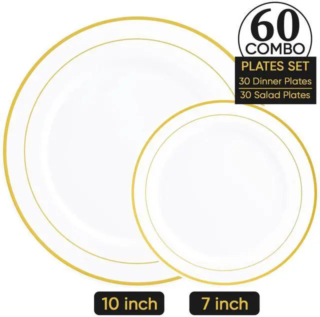 Alt view image 5 of 7 - Gold Plastic Plates Set of 60, Disposable Plates with Gold Rim 30 Dinner Plates 10" and 30 Salad Dessert Appetizer Plate 7", Elegant Fancy Heavy Duty Wedding Party Plates