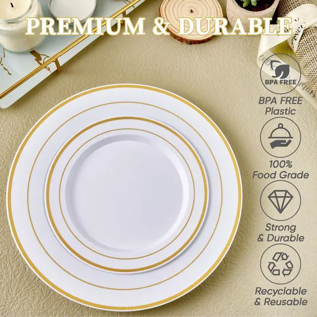 Alt view image 4 of 7 - Gold Plastic Plates Set of 60, Disposable Plates with Gold Rim 30 Dinner Plates 10" and 30 Salad Dessert Appetizer Plate 7", Elegant Fancy Heavy Duty Wedding Party Plates