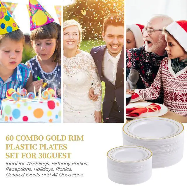 Alt view image 6 of 7 - Gold Plastic Plates Set of 60, Disposable Plates with Gold Rim 30 Dinner Plates 10" and 30 Salad Dessert Appetizer Plate 7", Elegant Fancy Heavy Duty Wedding Party Plates