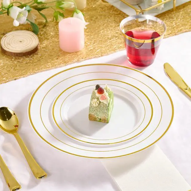 Alt view image 2 of 7 - Gold Plastic Plates Set of 60, Disposable Plates with Gold Rim 30 Dinner Plates 10" and 30 Salad Dessert Appetizer Plate 7", Elegant Fancy Heavy Duty Wedding Party Plates