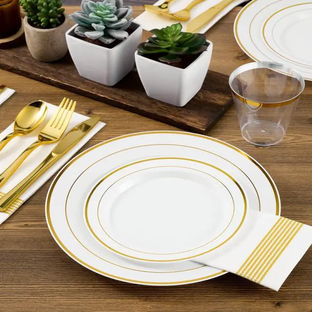 Alt view image 3 of 7 - Gold Plastic Plates Set of 60, Disposable Plates with Gold Rim 30 Dinner Plates 10" and 30 Salad Dessert Appetizer Plate 7", Elegant Fancy Heavy Duty Wedding Party Plates