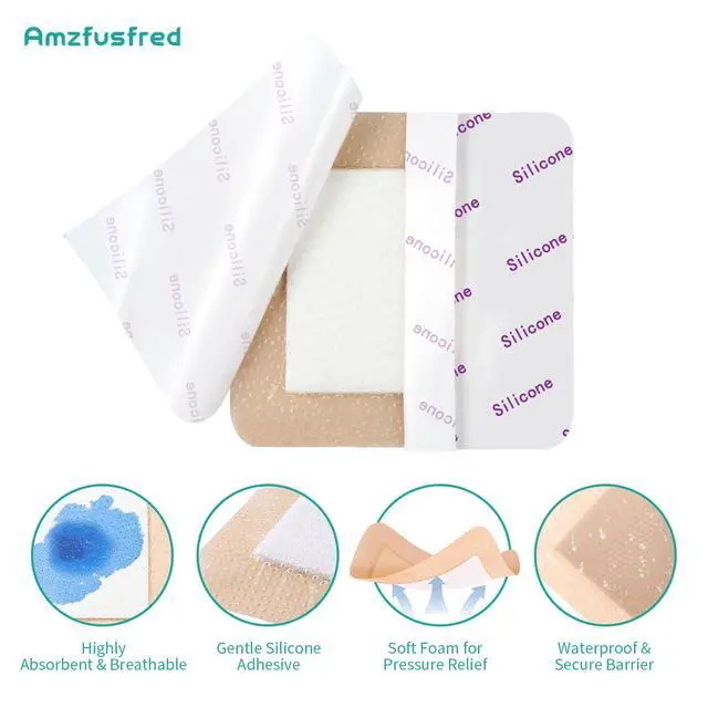 Alt view image 2 of 7 - Silicone Foam Dressing4''*4" 10 Packs, Large Waterproof Bandages for Sensitive Skin Wound Care, Protects Sensitive Skin, Waterproof, Covers and Protects Wounds